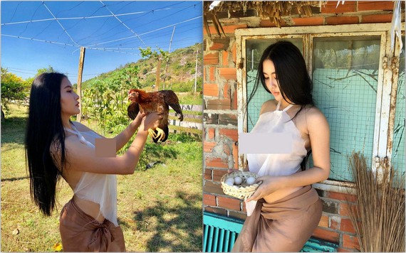 Người mẫu Võ Huỳnh Ngọc Phụng chụp ảnh khoe thân phản cảm ở chuồng gà
