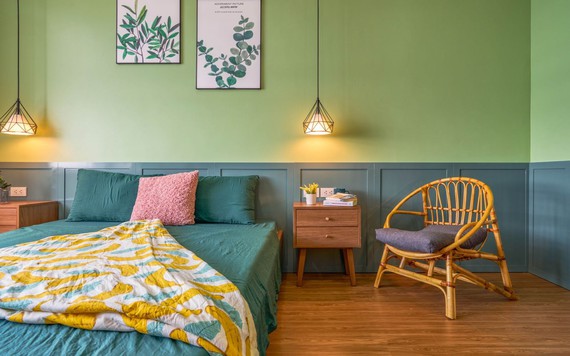 Phòng ngủ màu xanh lá Pastel nhẹ nhàng, dễ thương nhưng vẫn hiện đại