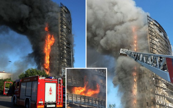 Sốc với cảnh biển lửa trùm lên tòa chung cư 20 tầng ở Italy